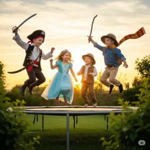 Artistic rendering of children using their imagination for storytelling games to play on the trampoline while jumping.