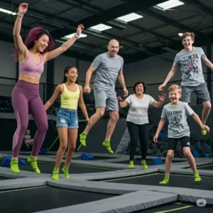 "Diverse group enjoying a trampoline park, showcasing various suitable outfit ideas for what to wear to a trampoline park."