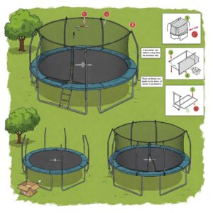 Illustration showing the step-by-step process of assembling a sturdy round trampoline with safety netting.