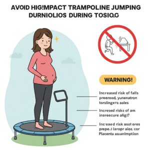 Can you jump on a trampoline while pregnant? Illustration emphasizing avoiding high-impact jumping.