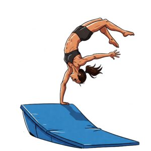 Illustration of an athlete executing a back handspring on a tumble track trampoline.