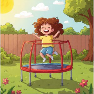 Illustration of a smiling child joyfully bouncing on a small mini childrens trampoline.