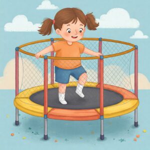 Close-up illustration showing a young child carefully stepping onto a mini childrens trampoline with safety features.