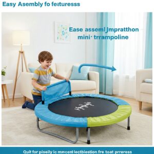 Illustration highlighting the simple assembly or portability features of a mini childrens trampoline.