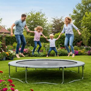 Happy family enjoying quality time together jumping on a safe and reliable trampoline without springs in their garden.