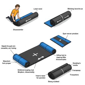 Illustration depicting the folding or rolling of the trampoline jumping mat for disassembly in how to take apart a trampoline.