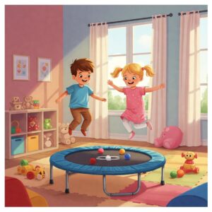Illustration of a mini childrens trampoline being used indoors in a bright and cheerful playroom setting.