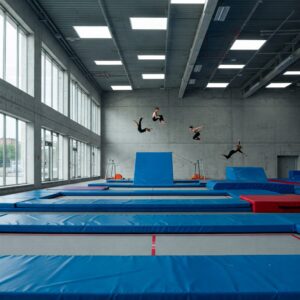 Indoor gymnasium featuring a full-length tumble track trampoline for training.