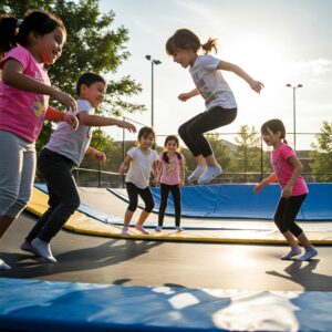 Children happily bouncing and playing on a tumble track trampoline.