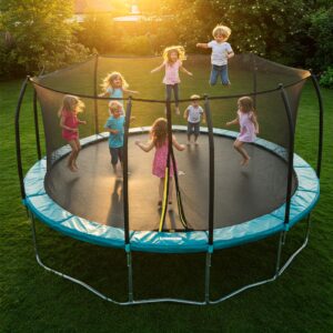 Energetic children joyfully bouncing on a spacious oval trampoline, showcasing active outdoor fun.