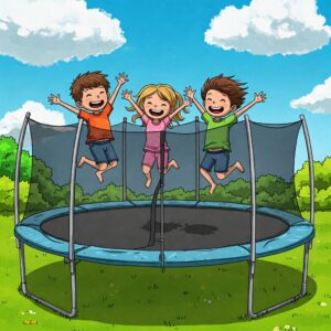 Energetic illustration of children happily jumping and playing on a spacious round trampoline.