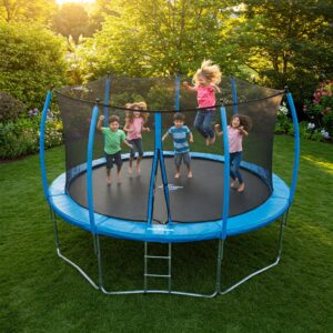 Children joyfully jumping on durable skywalker trampolines.