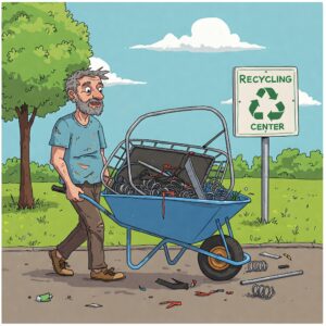 "Illustration of a person bringing trampoline materials to a local recycling center, answering can you recycle material from trampoline."