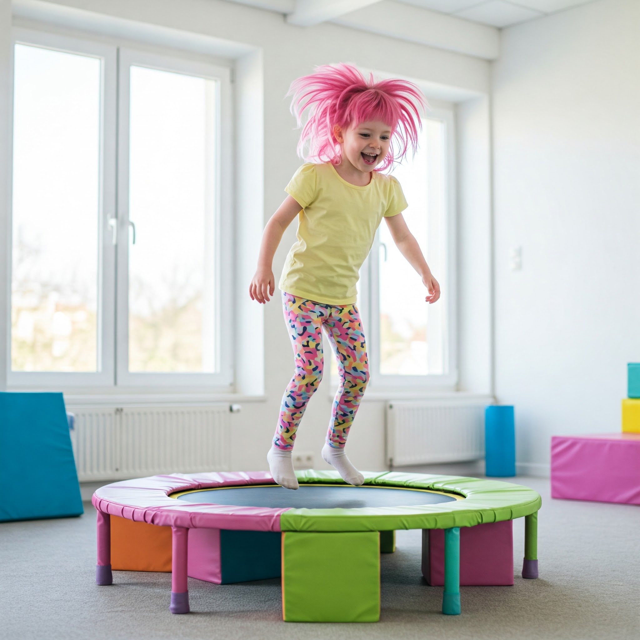 A happy child jumping on a safe and colorful mini childrens trampoline indoors.