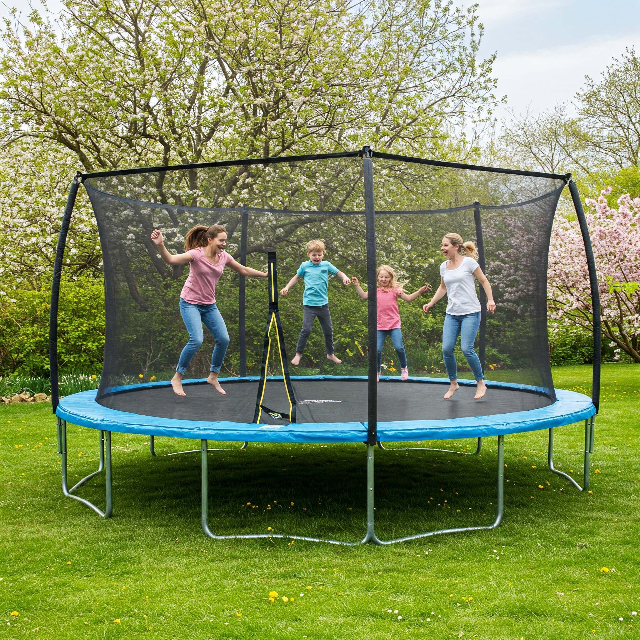 A safe and fun oval trampoline set up in a green backyard, perfect for family exercise and outdoor play.