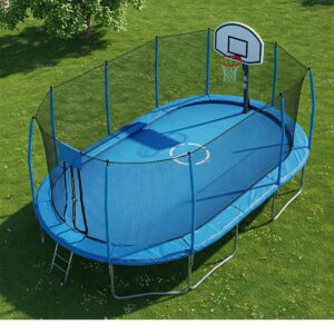 An oval trampoline featuring an attached basketball hoop, offering an exciting way to combine jumping and shooting practice.