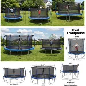 Comparing various sizes of oval trampolines, illustrating the different space and user capacity options available.