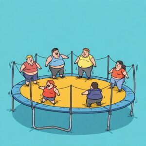 Illustration showing a trampoline sagging under the weight of too many or overweight users, exceeding the trampoline weight limit.