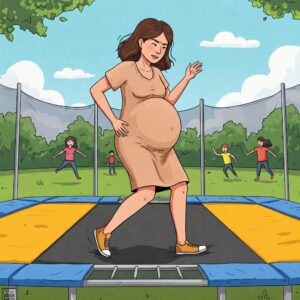 Can you jump on a trampoline while pregnant? Illustration depicting a pregnant woman experiencing discomfort.