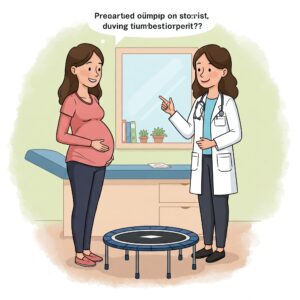 Can you jump on a trampoline while pregnant? Illustration of a consultation with a doctor about trampoline safety.