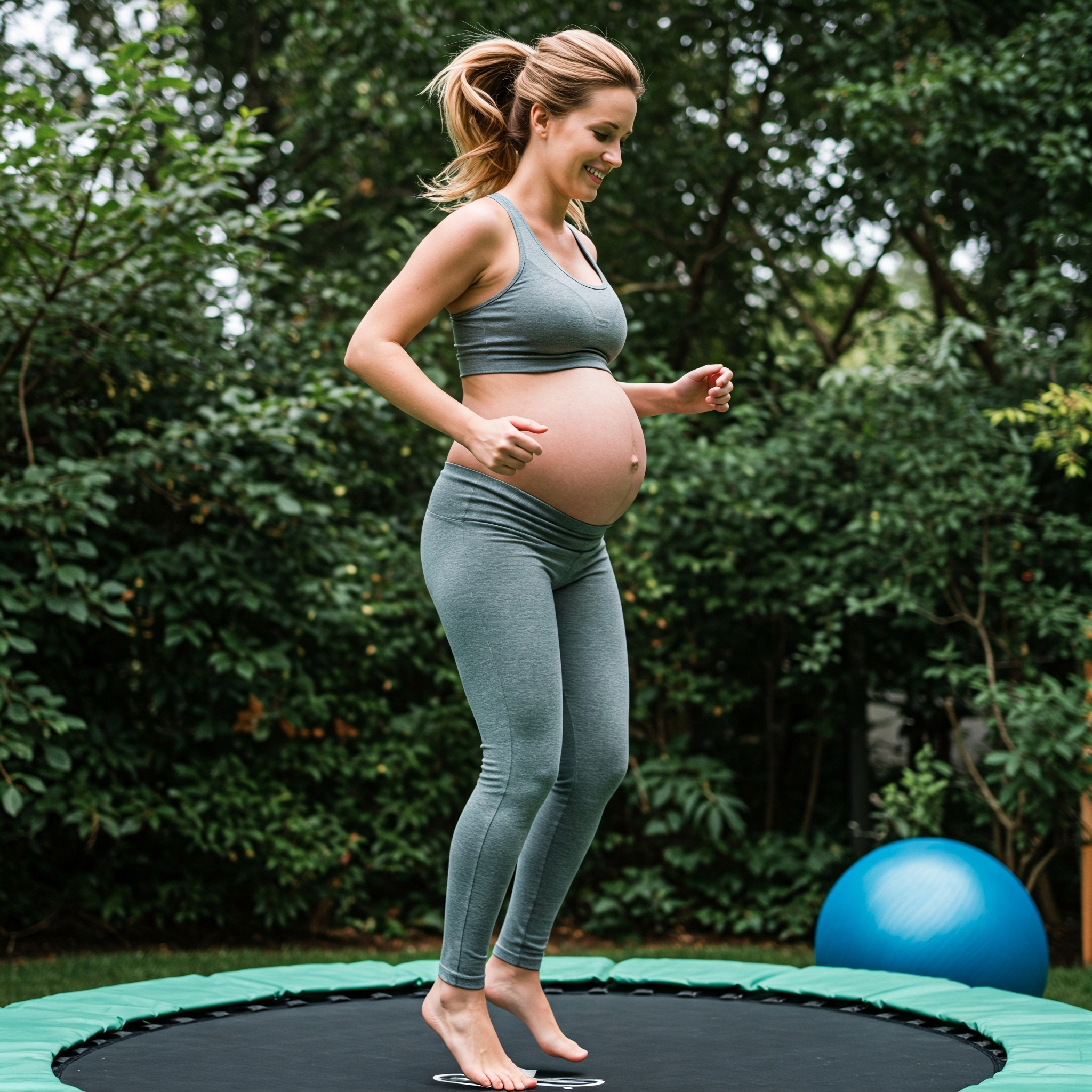 Can you jump on a trampoline while pregnant? A pregnant woman gently bouncing, showing safe, low-impact movement.