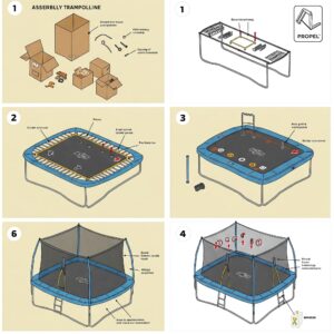 Step-by-step illustration depicting the assembly process of a propel trampoline.