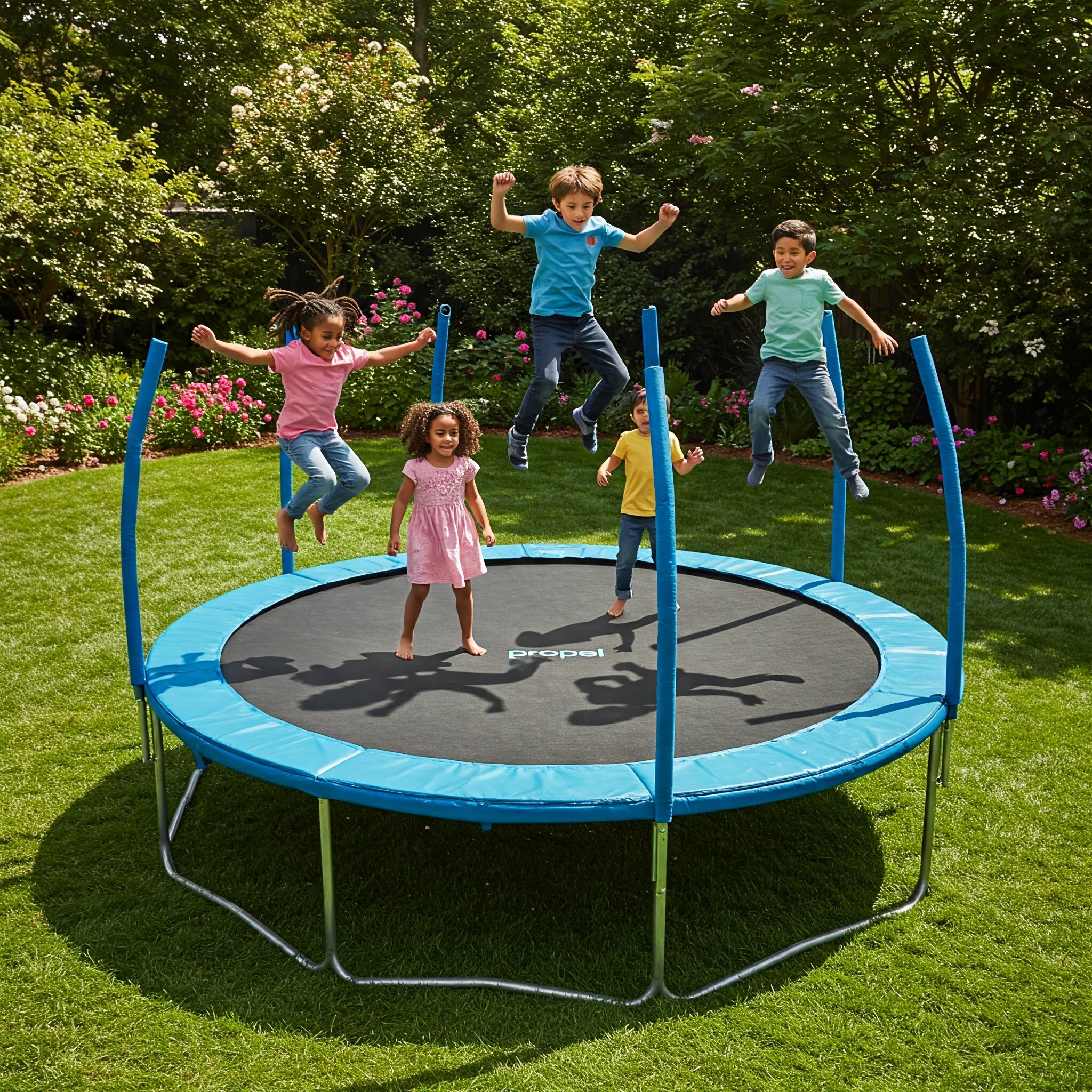 Kids joyfully jumping on a propel trampoline in a backyard setting.