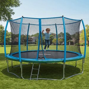 Illustration showing the safety enclosure net system on a propel trampoline for secure bouncing.