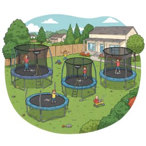Illustration showcasing different sizes of propel trampolines available for various yards.