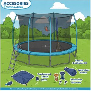 Illustration featuring various accessories for a round trampoline, such as a ladder and anchor kit.