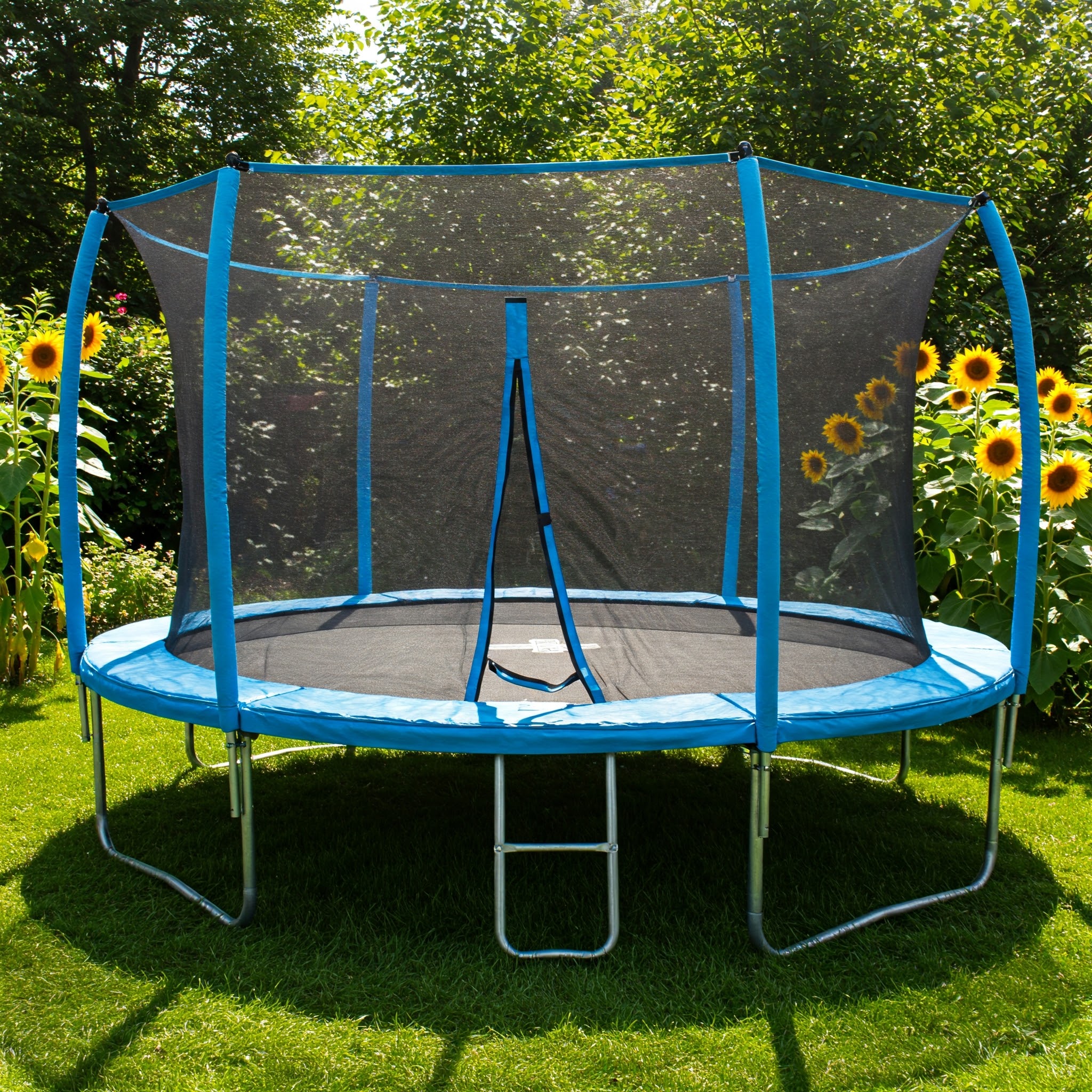 A vibrant round trampoline sits in a green backyard, inviting hours of outdoor fun and healthy activity.