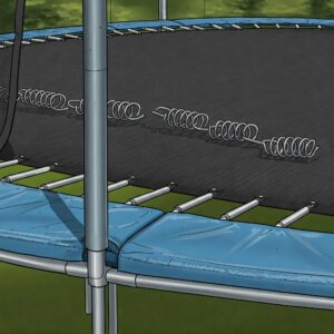 Close-up illustration showcasing the durable frame and strong springs of a robust round trampoline.