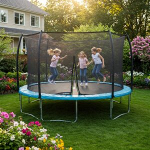 A round trampoline seamlessly integrated into a beautiful garden setting, emphasizing family outdoor recreation.