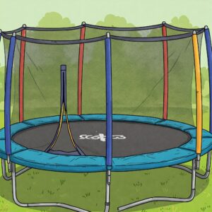 Detailed illustration highlighting the safety enclosure net and padded edges of a high-quality round trampoline.