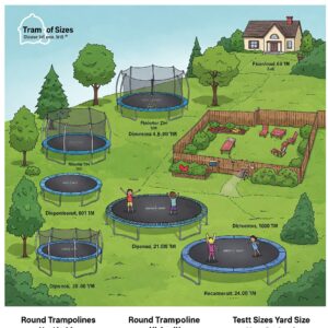 Illustration comparing different size options available for a round trampoline, suitable for various yard sizes.