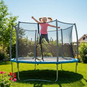 "Child enjoying jumping on a safe anchor trampoline in the backyard."