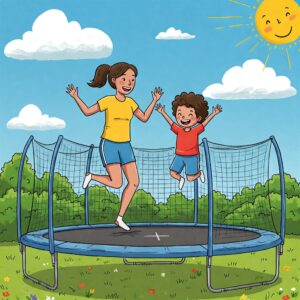 A child and adult jumping safely on a trampoline, staying within the recommended trampoline weight limit.