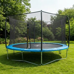 High safety enclosure netting surrounding a trampoline without springs, preventing falls and ensuring secure jumping.