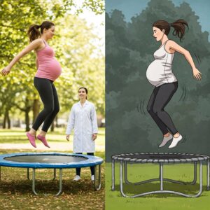 Can you jump on a trampoline while pregnant? Visual comparison of safe versus unsafe trampoline activities.