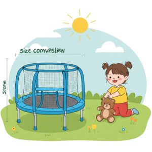 Illustration showing the compact size of a mini childrens trampoline in comparison to a child or a common toy.