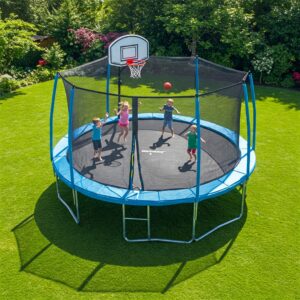 "Skybound trampoline with an integrated basketball hoop for added fun and active play."