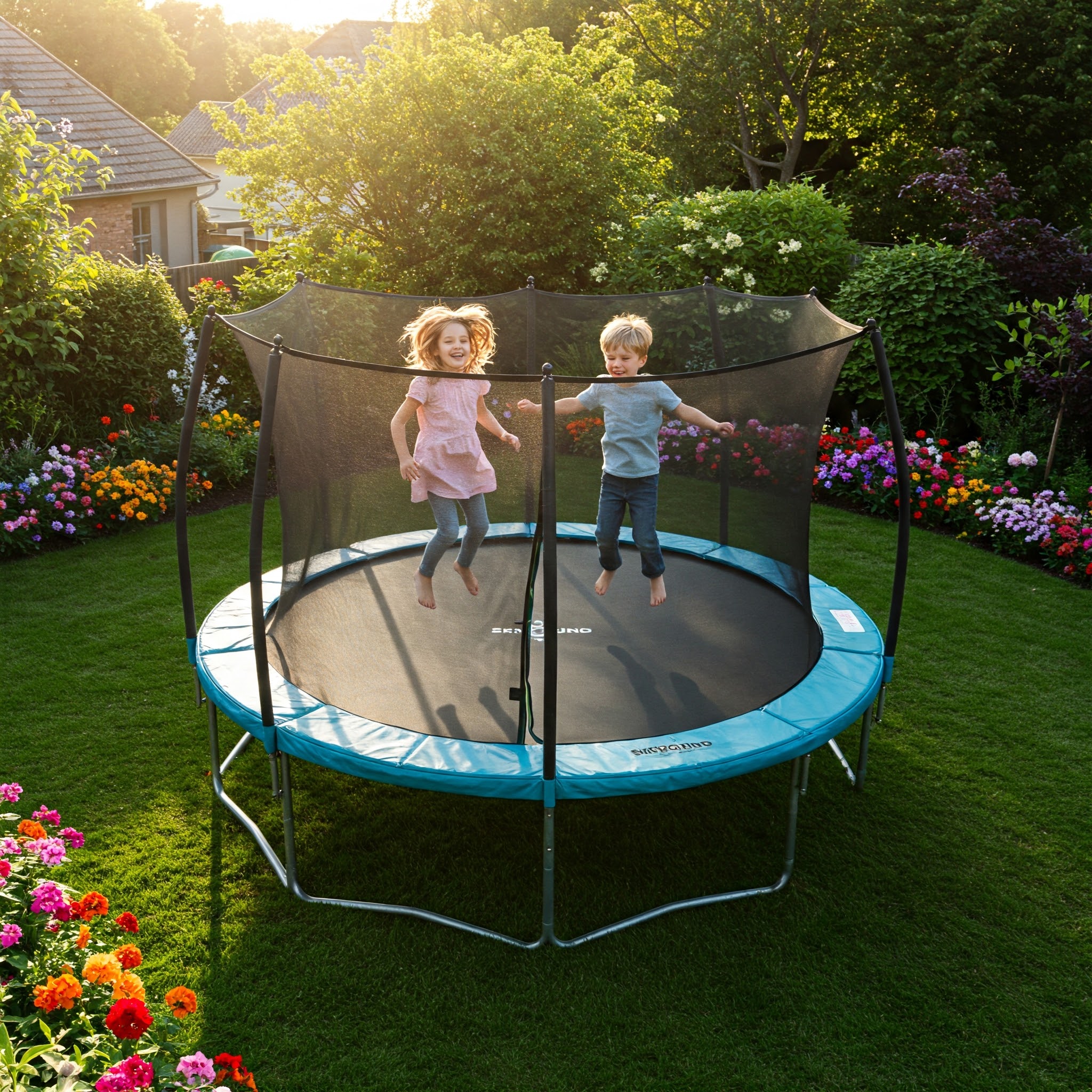 "Kids laughing and jumping with joy on a skybound trampoline in a sunny backyard."