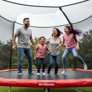 "Happy family enjoying their skybound trampoline, highlighting positive customer reviews."
