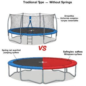 Comparison illustration highlighting the difference between a traditional trampoline with springs and a safer trampoline without springs.
