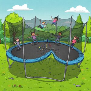 Illustration depicting potential damage to a trampoline, like bent springs or a torn mat, caused by exceeding the trampoline weight limit.