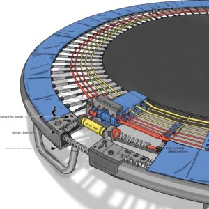 Illustration showing the elastic bands or composite rods that provide the bounce in a trampoline without springs design.