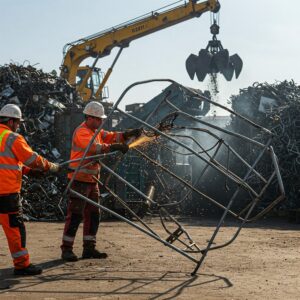 "Recycling process for the metal frame of an old trampoline at a scrap yard, showing can you recycle material from trampoline."