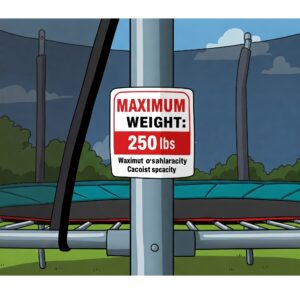 Close-up illustration of a trampoline frame label showing the maximum trampoline weight limit.