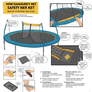 Trampoline Repair Kit: Illustration demonstrating how to repair a damaged safety net with the provided kit.