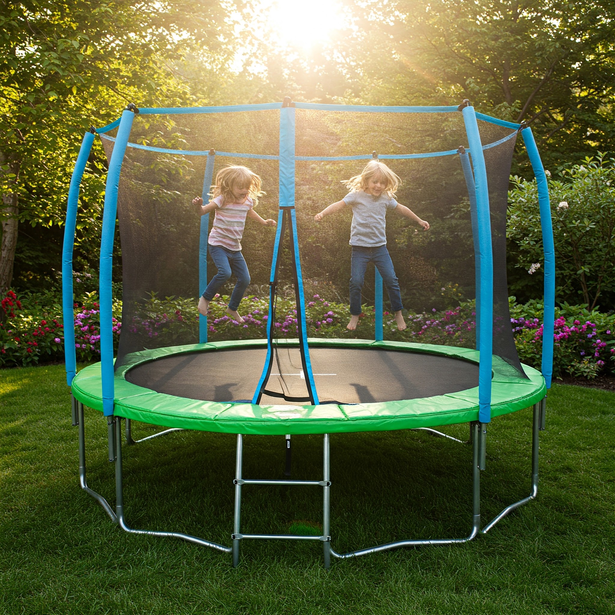A safe, trampoline without springs designed for kids jumping and having fun in the backyard.